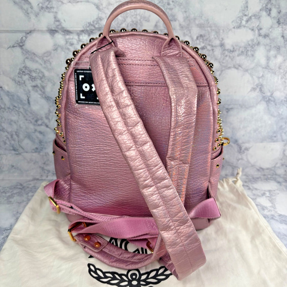 MCM Metallic Barbie Pink Logo Studded Zip Backpack Gold Heart Hardware Dust Bag